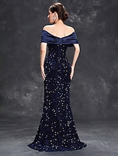 preiswerte BLAU-Meerjungfrau/Trompete Abendkleid Partykleid formeller Abend Party bodenlang ärmellos ein Schulter Satin mit Glitzerschleife(n) 2025