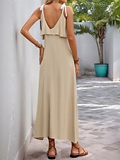 cheap Vacation Dresses-Women&#039;s Maxi Dress Casual Dress Slip Dress Stylish Basic Casual Vacation Daily Regular Fit Plain Sleeveless V Neck Apricot Summer Spring