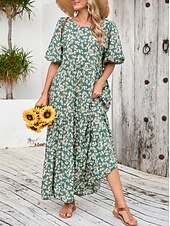 olcso Alkalmi virágos ruhák-Női Maxiruha hétköznapi ruha Swing ruha Boho elegáns ruhák Csehország aranyos stílus Stílusos Vakáció Napi Tengerpart Laza öltözet Grafika Ditsy virágos Féhosszú Terített nyak Lóhere Nyár Tavasz Ősz