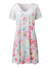 お買い得  花柄のドレスを印刷する-女性用 標準 EU / USサイズ ミディドレス 長袖ボヘミアンドレス サンドレス エレガントなドレス エレガント ボヘミア トロピカル風 レーススリーブ パーティー 日常 デート ルーズフィット フラワー マーブルプリント 半袖 Ｖネック ライトピンク ホワイト ブルー ライトパープル 夏 春 秋