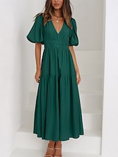 abordables Robe de cocktail-Femme Robe Maxi Robe casual Robe Trapèze mode basique Décontractées Vacances du quotidien Standard Plein Demi Manches Col V Vert Beige Eté Printemps