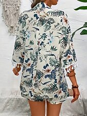 billiga Blazers och kostymer-Dam Kostymer Andningsfunktion Bekväm Tofs Mönster Ledigt Blommig Semester Gata Dagliga kläder Utekväll Öppen front Normal Kraglös Normal 3/4 ärm Ytterkläder Vit Sommar Vår