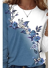 preiswerte Blumen-T-Shirt-Damen T-Shirt Rundhals Langarm Tunika Florales Grafik Lässig Reguläre Oberteile Täglicher Druck Blau Frühling Herbst