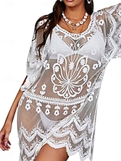 abordables Robes de plage-Robe de plage en maillot de bain pour femmes couverture maillot de bain dentelle vêtements de vacances couleur unie col rond manches courtes