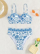 billiga Bikiniset-Dam Badkläder Bikini 2 st Kalsonger Baddräkt Öppen rygg Smal Semester Standkläder Blommig V-hals Ärmlös Baddräkter