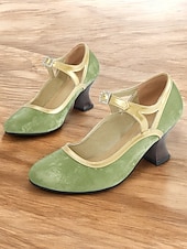 voordelige Mary Jane Pumps-Groene en gouden vintage Mary Jane-hakken voor dames uit de jaren 30 met gesp met strass-steentjes, comfortabele middelhoge hak, perfect voor formele evenementen en retro-themafeesten