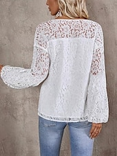 economico Top in Pizzo-Top in pizzo bianco elegante da donna con occhiello blusa casual colore solido regolare maniche lunghe scollatura a V patchwork in pizzo regolare quotidiano romantico top petite estivi per le vacanze