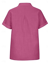 billige Skjorter-Dame Skjorte Skjorter i bomullslin Knapp opp Bluse Helfarge Stilfull Fritid Kortermet Skjortekrage Vanlige topper Daglig Knapper Lomme Sølv Vin Militærgrønn Rose Rosa Sommer