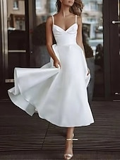 economico Abiti bianchi-Abiti bianchi per fidanzamento o laurea abiti da matrimonio A-Line spalline sottili senza maniche lunghezza alla caviglia abiti da sposa in raso con arricciature