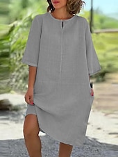 economico disegnare abiti in cotone e lino-Per donna Mini Abito Abiti in cotone e lino Vestito Casual Essenziale Casual Vacanza Quotidiano Vestibilità regolare Semplice Manica 3/4 Girocollo Giallo Vino Grigio Azzurro Estate