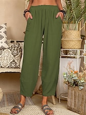 cheap Plain Cotton Linen Pant-Women&#039;s Cotton Linen Pants Pants Trousers Lightweight Casual Ankle-Length High Rise Plain Pocket Breathability Comfortable Inelastic Casual Daily Weekend Wine Navy Black White Summer Spring Regular