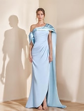 abordables BLEU-Fourreau / Colonne Robes de soirée Elégant Robe Formel Utilisation Longueur Sol Sans Manches Epaules Dénudées Satin avec Plissé 2025