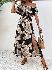 economico Abiti da vacanza-Per donna Vestito maxi Abito casual Abito linea A Moda Informale Da mare Giornaliero Standard A foglia Manica corta Senza spalline Nero Estate