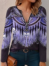 abordables T-shirt Boho-Femme T shirt Graphic Décontractées manche longue Col V Hauts réguliers du quotidien Zippé Imprimer Rose Claire Rouge Bleu Violet Vert Printemps Automne