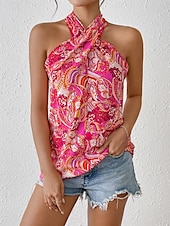 billige Tanks og camisole til kvinner-Dame Top Camisole Tank Top Paisley Stilren Casual Ermeløs Halter Neck Vanlige Topper Daglig Trykk Fuchsia Sommer