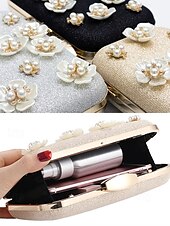 cheap Clutches &amp; Evening Bags-Women&#039;s 3D Floral Clutch with Pearl Accents and Gold Chain – Stylish Evening Bag for Weddings, Parties and Formal Occasions Silver Black Gold