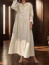 preiswerte Kleider-Damen Langes Kleid Maxikleid Leinen-inspirierte Kleider Baumwoll-Leinenkleid Hawaiianisch Normale Passform Einfarbig Langarm Rundhalsausschnitt Weinrot Beige Sommer Frühling