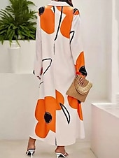 cheap Casual Floral Dresses-Women&#039;s Long Dress Maxi Dress Shirt Dress Casual Dress Summer Dress Stylish Casual Vacation Daily Date Regular Fit Floral Graphic Long Sleeve Lapel Black And White Black Blue Orange Summer Spring