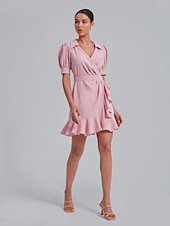 cheap Wrap Dresses-Puff Sleeve Wrap Dress with Ruffle