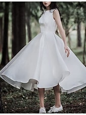 voordelige Kleine witte jurkjes-Kleine Witte Jurken Boho Bruiloft Jurken A-Lijn Scoop Hals Mouwloos Knielengte Jersey Bruidssuits Bruidsjurken Met Plooi Effen Kleur