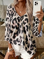 billige Kvinnenes arbeids topper-Dame Skjorte Bluse Leopard Stilfull Fritid 3/4 ermer V-hals Vanlige topper Daglig Trykt mønster Leopard Sommer Vår