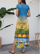 billige Kunst og Design Kjoler-Dame Maxikjole Uformell kjole Årgang Feriereise Normal Tropisk Kortermet Crew-hals Blå Sommer