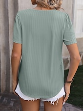 cheap T-shirts-Women&#039;s Boho T-shirt Plain Bohemia Stylish Basic Short Sleeve Puff Sleeve Square Neck Regular Tops Daily Going out Weekend Dressy Tunic Black White Light Green Pink Royal Blue Summer