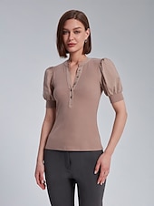 economico Bluse e camicie-Per donna Tinta unica Formale All&#039;aperto Ufficio Manica a Palloncino Nero Rosa Manica a sbuffo Manette Bottoni Davanti Manica Corta Elegante Moda Casual Quotidiano Dentellato Estate Primavera