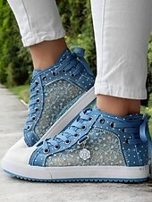 economico Sneakers da donna-sneakers alte in tela con lacci blu da donna con pannelli in rete ricamati, design a pois per abbigliamento casual e outdoor