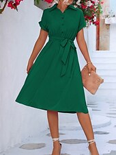 preiswerte Kleider für die Arbeit-Damen Midikleid blusenkleid Casual kleid A Linie Kleid Stilvoll Ausgefallene Arbeit Täglich Regular Fit Glatt Kurzarm Hemdkragen Rosa Grün Sommer Frühling