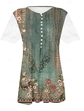 cheap Boho tee-Women&#039;s Lace Splicing Top Graphic Flowers Elegant Bohemia Fashion Short Sleeve Flutter Sleeve Round Neck Regular Tops Daily Weekend Vacation Wear Lace Patchwork Print White Light Green Navy Blue Blue