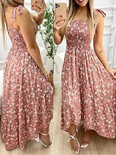 abordables Robes fleuries décontractées-Femme robe longue Robe Trapèze Robe à fleurs Robe d&#039;été Robe caraco Elégant mode Vacances du quotidien Rendez-vous Standard Floral Sans Manches Col Carré Jaune Rose Claire Rouge Bleu de minuit Eté