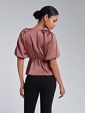cheap Blouses &amp; Shirts-V-Neck Puff Sleeve Peplum Top