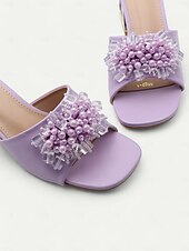 cheap Vacation Sandals-Women&#039;s Purple Slide Sandals with Pearl and Bead Embellishments – Fashionable Chunky Heel Mules for Casual Outings and Evening Events