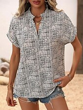 billige Boho t-skjorte-Dame T skjorte Geometrisk Mote Moderne Fritid Kortermet Hals med hakk Vanlige topper Daglig Helg Trykt mønster Hvit Kakifarget Sommer Vår