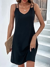 cheap Casual Black Dress-Women&#039;s Mini Dress Black Dress Casual Dress Slip Dress Stylish Basic Casual Vacation Daily Regular Fit Plain Sleeveless Strap Black Brown Summer