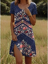 abordables Robes Boho-Robe Mini Femme Robe Décontractée Robe Petite Robe T Shirt Robe Tee Robe d&#039;Été Décontractée Vacances Quotidiennes Régulière Florale Manches Courtes Col Ras du Cou Bleu Foncé Été
