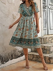 billiga Bohemklänningar-Dam Långklänning Maxiklänning Vardagsklänning A linjeklänning Sommarklänning Boho-klänning Elegant Hawaiisk Stylish Semester Dagligen Datum Normal Blommig Kortärmad V-hals Grön Sommar