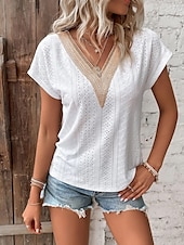 economico Top in Pizzo-Top in pizzo bianco elegante da donna con occhiello top basic casual semplice regolare maniche corte scollatura a V patchwork in pizzo regolare quotidiano romantico fine settimana top petite estivi