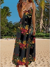 abordables Robes fleuries-Robe maxi femme Robe décontractée Robe d&#039;été Robe A Line Décontractée Fluide Vacances Quotidienne Ajustement régulier Imprimé floral Sans manches Col en V Noir Blanc Jaune Bleu Été Printemps Automne