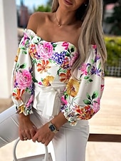 voordelige Bloemen Blouses-Dames Overhemd Blouse Afdrukken Blote rug Bloemig Stijlvol Casual Lange mouw Strapless Normale tops Dagelijks Zwart Wit Rood Paars Zomer Lente