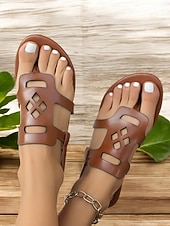 economico Sandali Piani-"sandali bassi da donna in similpelle marrone con cinturino regolabile - scarpe estive casual da indossare tutti i giorni e per le vacanze
