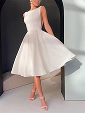 abordables Petites Robes Blanches-Petite Robe Blanche Hall Robes de Douche Nuptiale Robes de Mariage Boho Robes de Bal Bretelles Spaghetti Décolleté Écope Sans Manches Longueur Thé Tissu Élastique Costumes de Mariée Robes de Mariée
