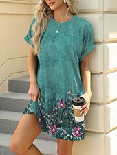 levne Boho šaty-Dámské Mini šaty Volnočasové šaty Tričkové šaty Boho šaty stylové Na běžné nošení Dovolená Denní Běžný Květinový S lístky Krátký rukáv Tričkový Vodní modrá Hnědá Trávová zelená Léto