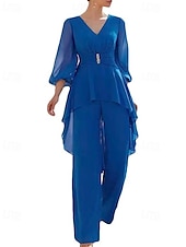cheap Mom&#039;s Pant Suits-Jumpsuit / Pantsuit Mother of the Bride  Formal Wedding Guest Elegant Simple V Neck Floor Length Chiffon 3/4 Length Sleeve Wrap Included with Solid Color 2025