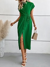 tanie Sukienki do biura-Damskie Sukienka midi Sukienka koszulowa Codzienne sukienki Sukienka kopertowa Elegancki Podstawowy Codzienny Urlop Codzienny Regularny Równina Krótki rękaw Kołnierzyk koszuli Czarny Zielony Lato