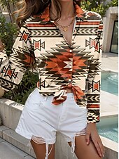 cheap Boho Tops-Women&#039;s Shirt Geometric Casual Long Sleeve Shirt Collar Regular Tops Daily Buttons Print Brown Spring Fall