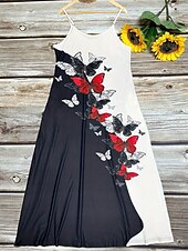 tanie Wakacyjne sukienki-Damskie Sukienka midi Codzienne sukienki Sukienka A line Letnie sukienki Sukienka na ramiączkach Elegancki Codzienny Urlop Codzienny Regularny Motyl Bez rękawów Dekolt w kształcie litery U Czarny Lato