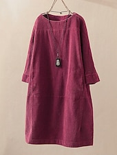 olcso design pamut és len ruhák-Női Extra méret Mini ruha Vászon ihletésű ruhák hétköznapi ruha Alkalmi Napi Előírásos öltözék Háromnegyedes Terített nyak Fekete Rozsdás vörös Rubin Medence Tavasz Ősz