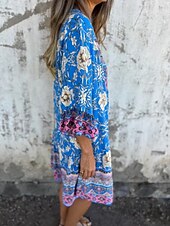 tanie Sukienki kwiatowe na co dzień-Damskie Sukienka midi Codzienne sukienki Sukienki w stylu boho Bohema Codzienny Boho Urlop Codzienny Plaża Luźna Kwiaty Rękaw 3/4 Kołnierzyk koszuli Granatowy Królewski błękit Fioletowy Lato Wiosna
